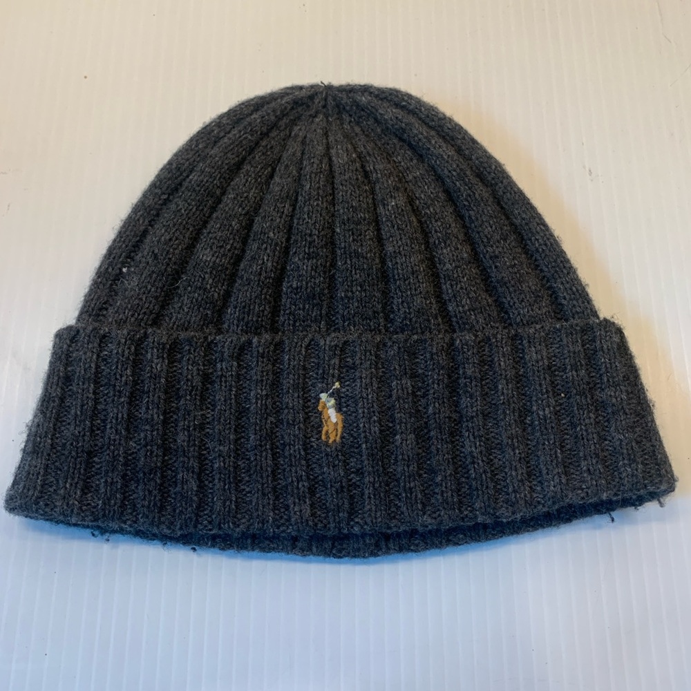 Ralph Lauren Gray Ribbed Knit Hat with Polo Logo